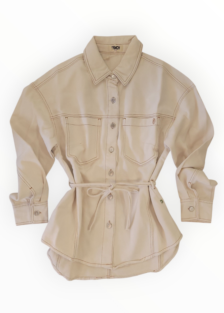 Beige jacket with a belt on a white background