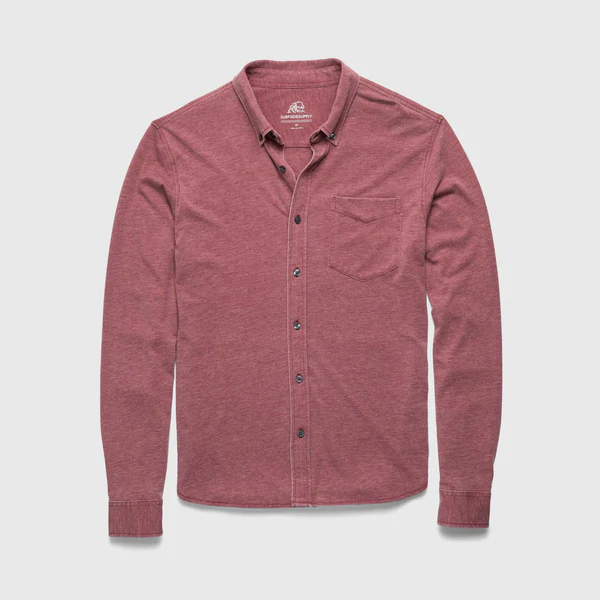 Red button-up shirt on a light gray background