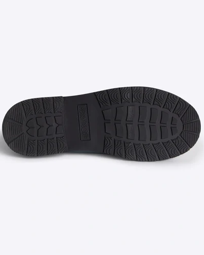 bottom of black rubber sole against white background