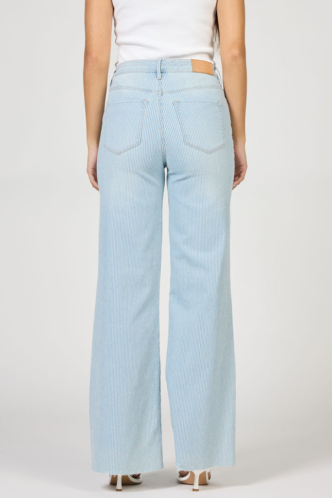 Light blue wide-leg jeans worn by a person on a white background