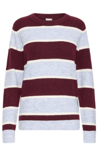 maroon and light blue striped sweater against white background