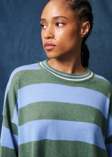 A close-up of a model wearing a knit crewneck sweater with horizontal stripes in sage green and light blue, featuring a striped ribbed collar.