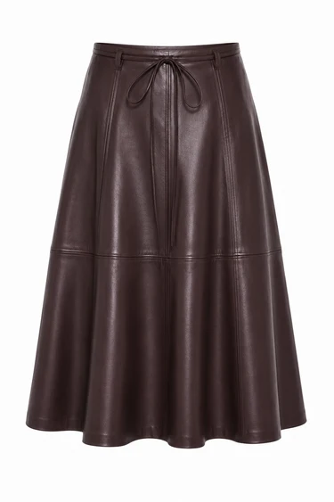 maroon, faux leather skirt with tie waist against a white background