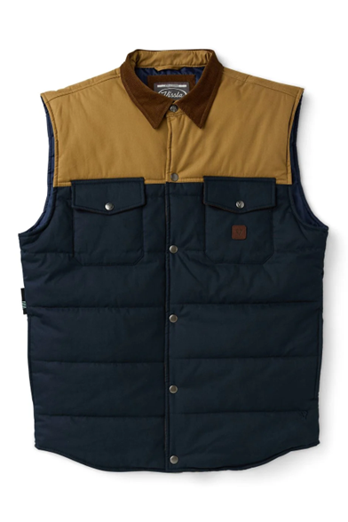 khaki and navy vest against white background