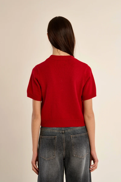back of woman in red sweater against white background
