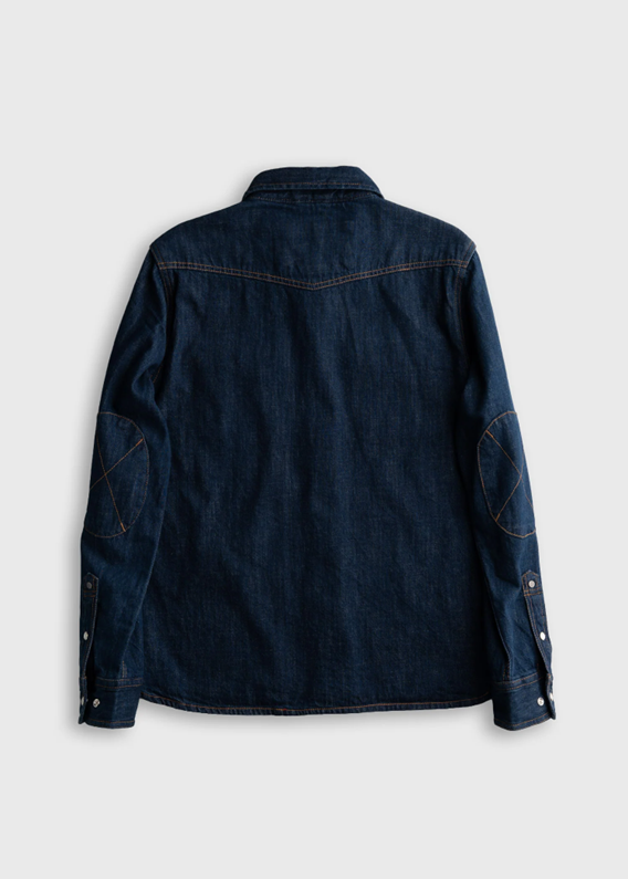 Dark blue denim jacket on a light gray background