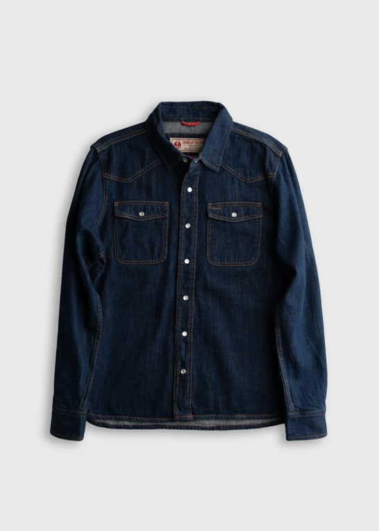 Dark denim shirt with button details on a light gray background