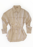 Beige jacket with a belt on a white background
