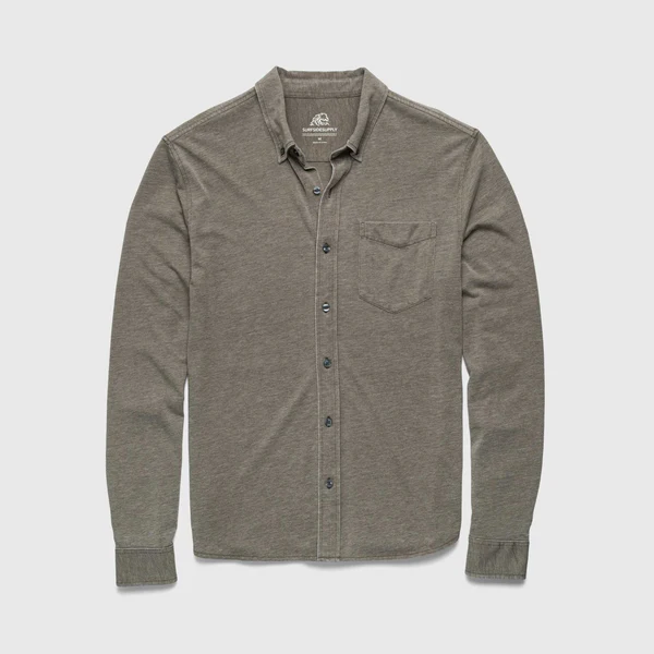 Green button-up shirt on a light gray background