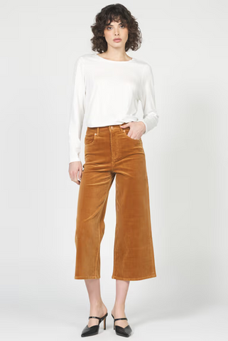 Woman wearing a white blouse and brown corduroy pants on a white background