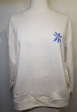 White sweatshirt with a blue and red flower design on a mannequin against a white background