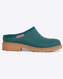 side view of teal clog against white background