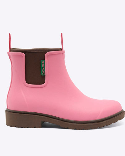 pink chelsea rainboot against white background