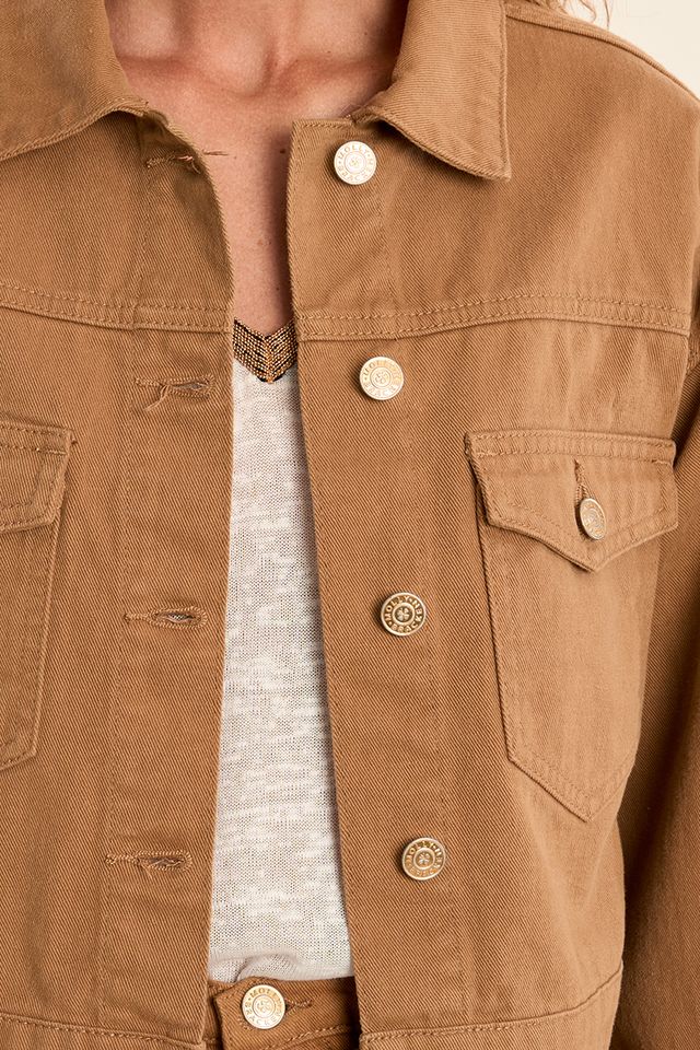 Close-up of a brown jacket with button details