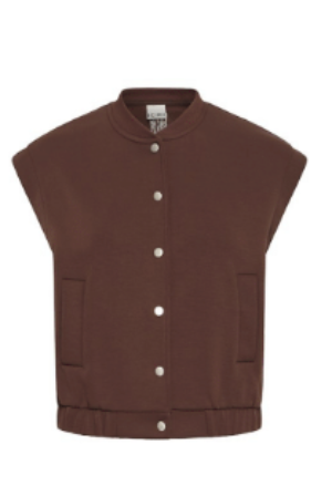 cap sleeve brown snap button top with pockets against white background