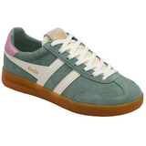 Green sneaker with white stripes and pink accents on a white background