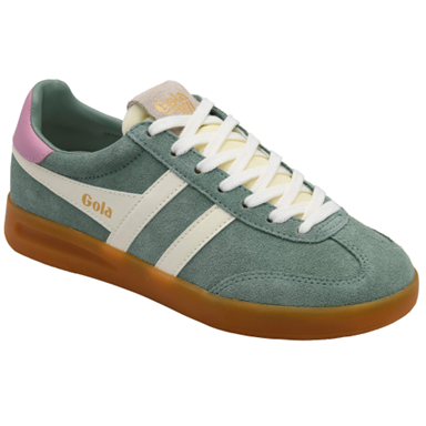 Green sneaker with white stripes and pink accents on a white background