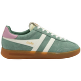 Green sneaker with pink heel and white laces on a white background
