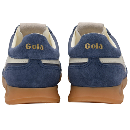 Blue Gola sneakers with brown soles on a white background