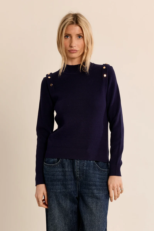 Navy Gold Button Sweater