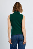 A woman viewed from the back wearing a dark green sleeveless mock-neck top and blue jeans against a light gray studio background.