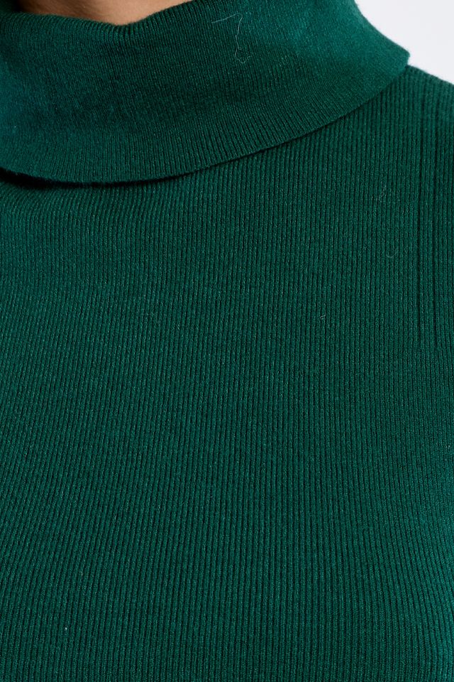 Close-up of a dark green ribbed knit turtleneck sweater, showing the collar and fine vertical ribbing texture.