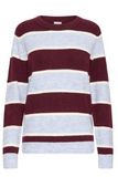 maroon and light blue striped sweater against white background