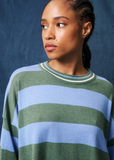 A close-up of a model wearing a knit crewneck sweater with horizontal stripes in sage green and light blue, featuring a striped ribbed collar.