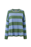 A long-sleeve knit sweater with horizontal stripes in green and light blue, featuring a ribbed crew neck with thin white and green trim.