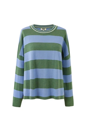 A long-sleeve knit sweater with horizontal stripes in green and light blue, featuring a ribbed crew neck with thin white and green trim.
