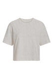 A light beige short-sleeve crewneck t-shirt with a relaxed, cropped fit, shown against a plain white background.