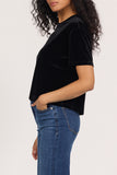 woman in black velvet, boxy top