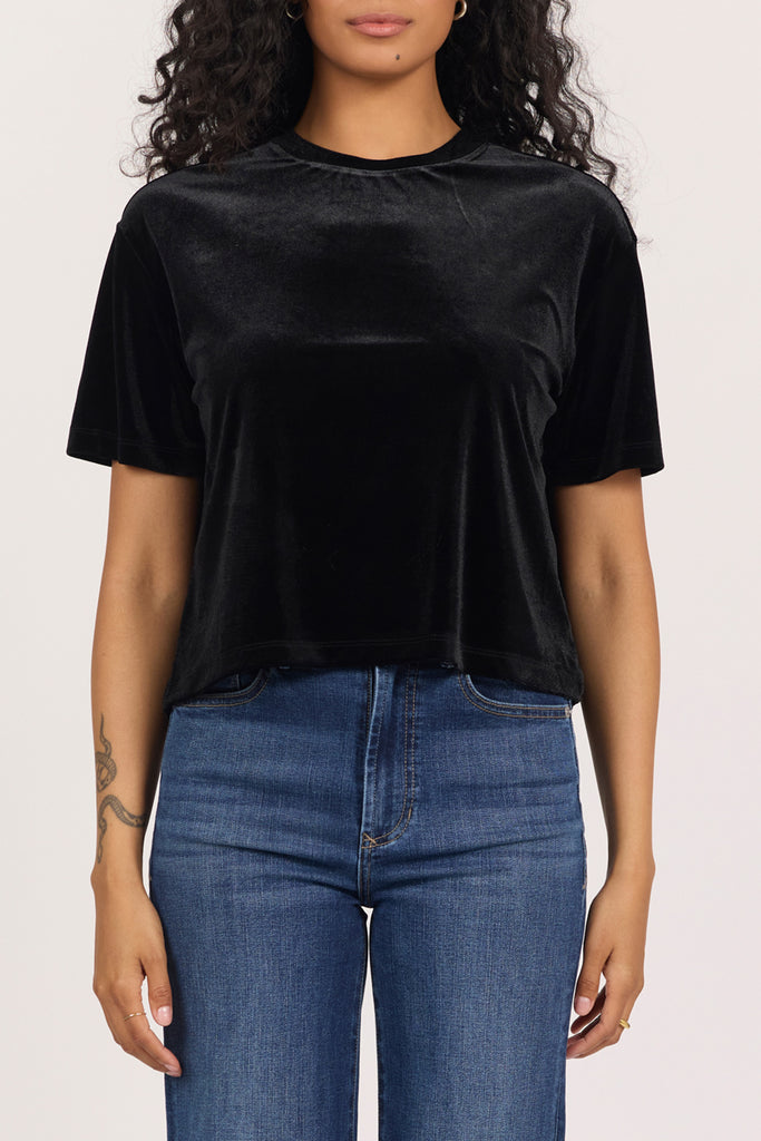 woman in black velvet, boxy top