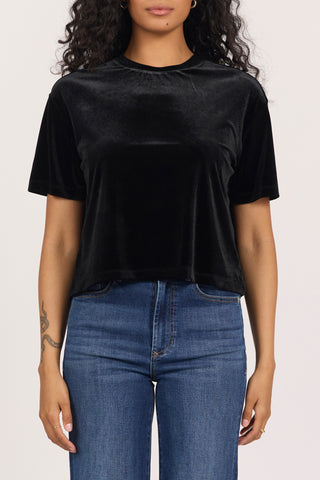 woman in black velvet, boxy top