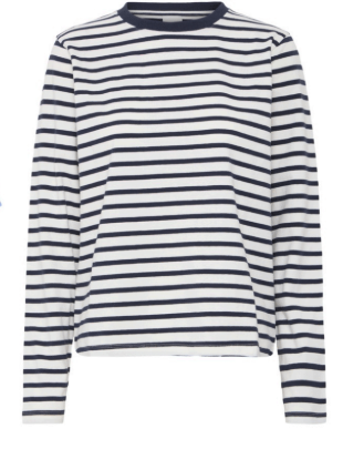 Navy and white striped long-sleeve shirt on a white background