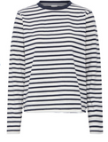 Navy and white striped long-sleeve shirt on a white background