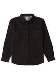 A black long-sleeve button-up shirt with two chest pockets, laid flat against a white background.