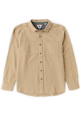 A beige long-sleeve button-up shirt with two chest pockets, laid flat against a white background.