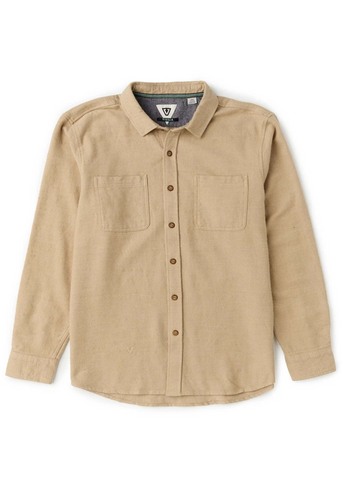 A beige long-sleeve button-up shirt with two chest pockets, laid flat against a white background.
