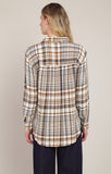 back of woman in plaid shirt and jeans with white background