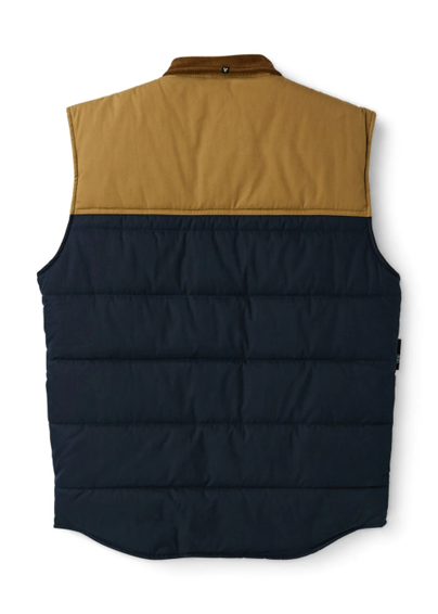 khaki and navy vest against white background