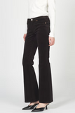Black flared pants worn by a person on a white background