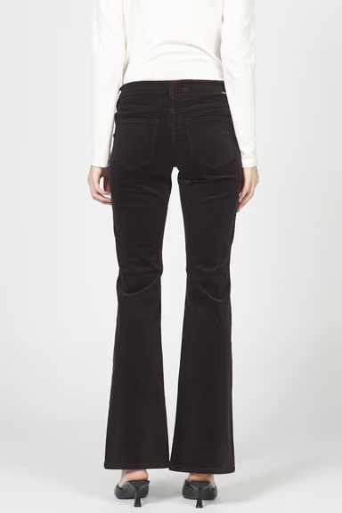 Black flared jeans worn by a person on a white background