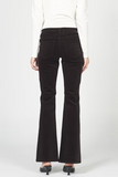 Black flared jeans worn by a person on a white background