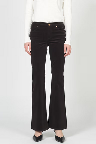 Black flared pants worn by a person on a white background