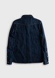 Dark blue denim jacket on a light gray background