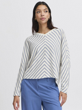 woman in blue and white striped top and blue jeans against white background