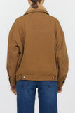 A person viewed from the back wearing a tan-brown jacket with a light beige sherpa collar and blue jeans, against a plain light gray studio background.